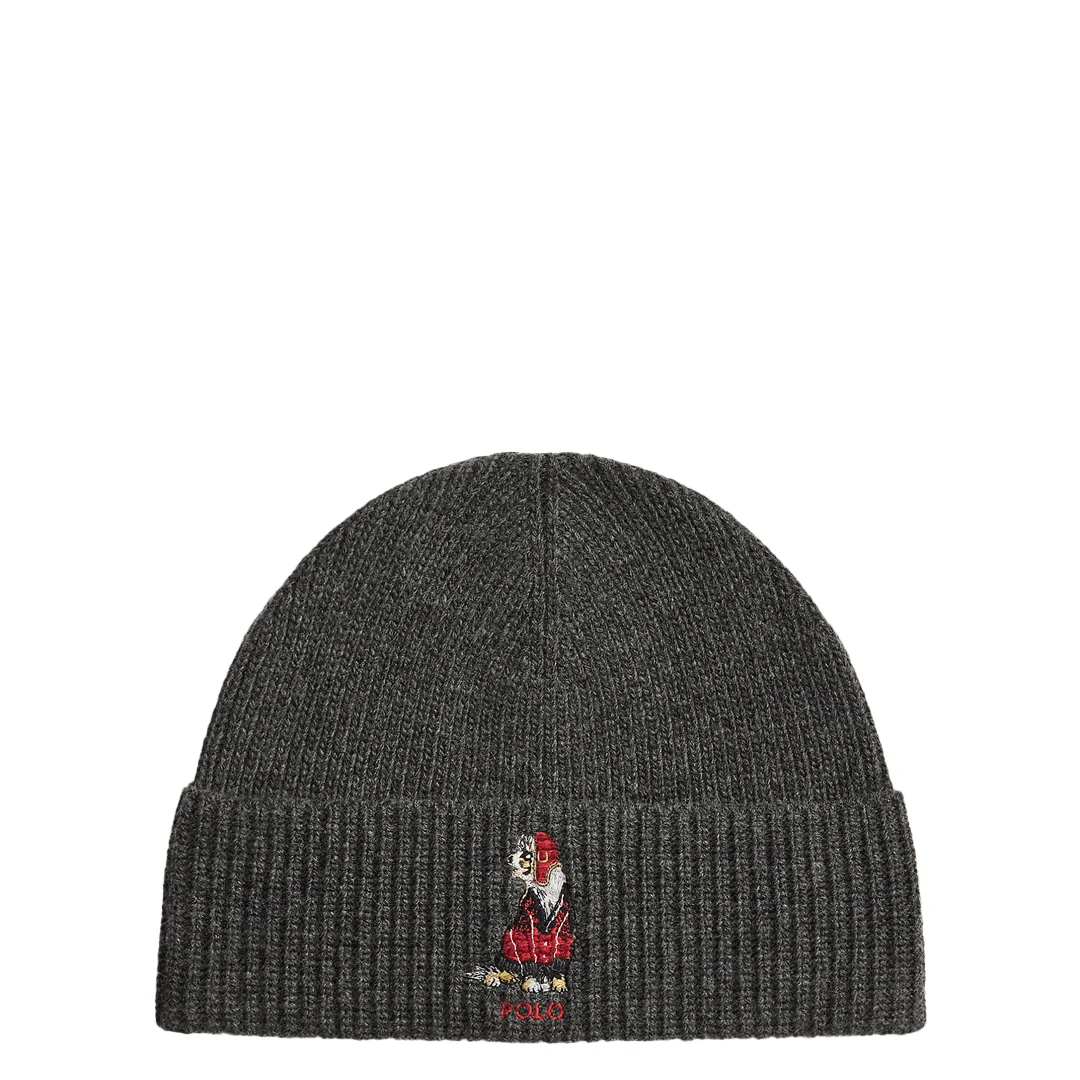 DOG EMBROIDERED RIB KNIT BEANIE
